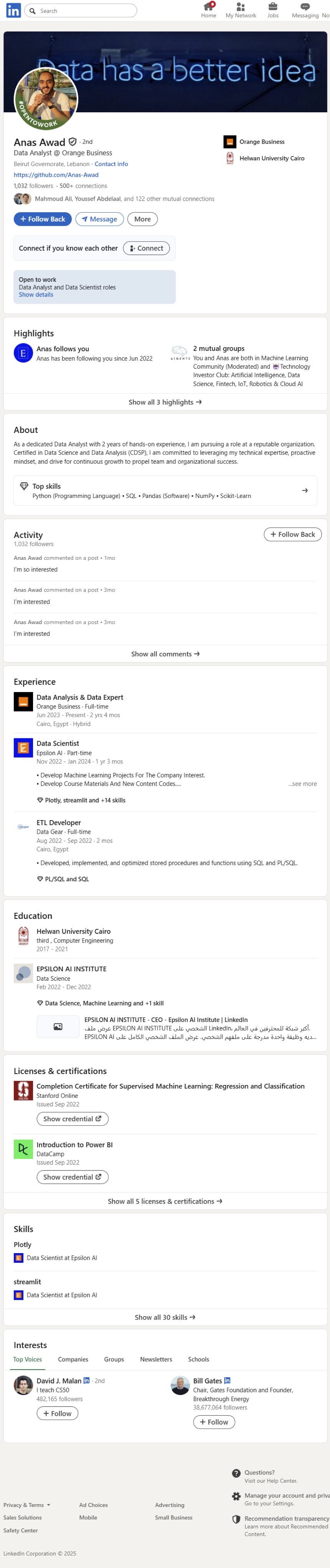 ملف لينكدإن لأنس عوض، محلل بيانات في Orange Business
