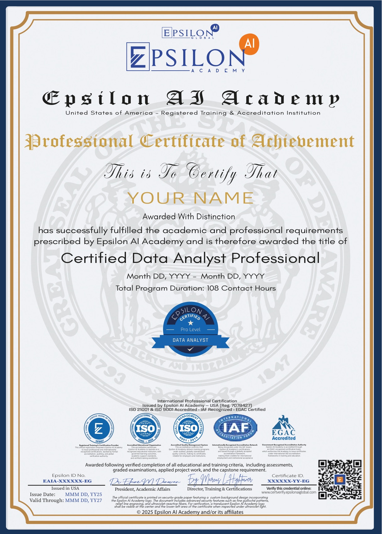 Epsilon AI Academy certificate showing accreditation marks